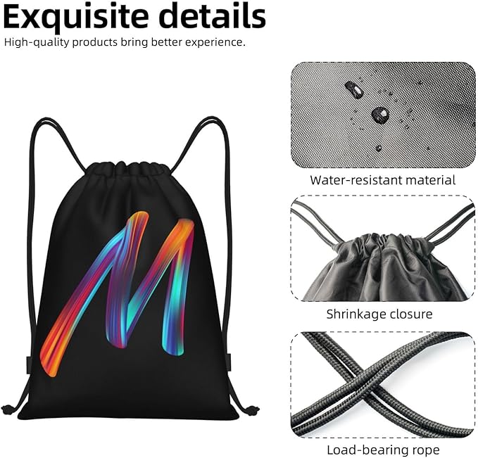 Drawstring Bags Initial Drawstring Backpack Sackpack Black Draw String Cinch Bags for Sports, Gym, Travel, Swimming, Beach, Camping, Rainbow Letter M