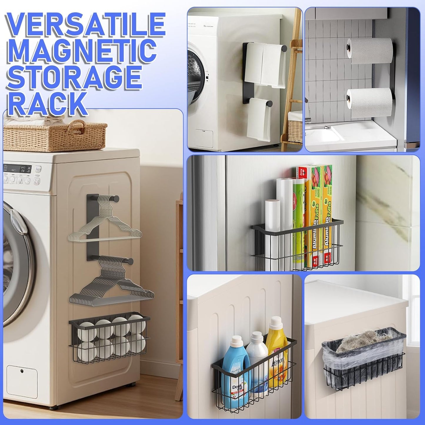 MFTEK Magnetic Dryer Ball Holder and Magnetic Hanger Holder for Laundry Room Organization, Extendable Hanger Organizer Stacker, Magnet Lint Bin, Metal Basket Dryer Ball Container Set (Black)