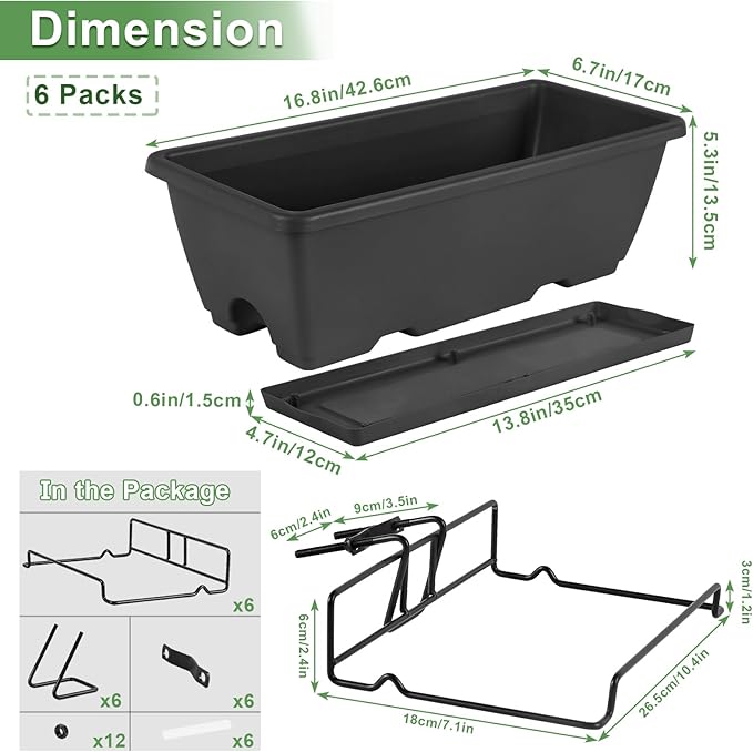HAITRAL Hanging Planters for Outdoor Plants,Deck Railing Planter Boxes Countryside Style Window Boxes Planters, Balcony Flower Pots Plastic Railing Planter with Metal Brackets for Fence,Black 6 Pcs