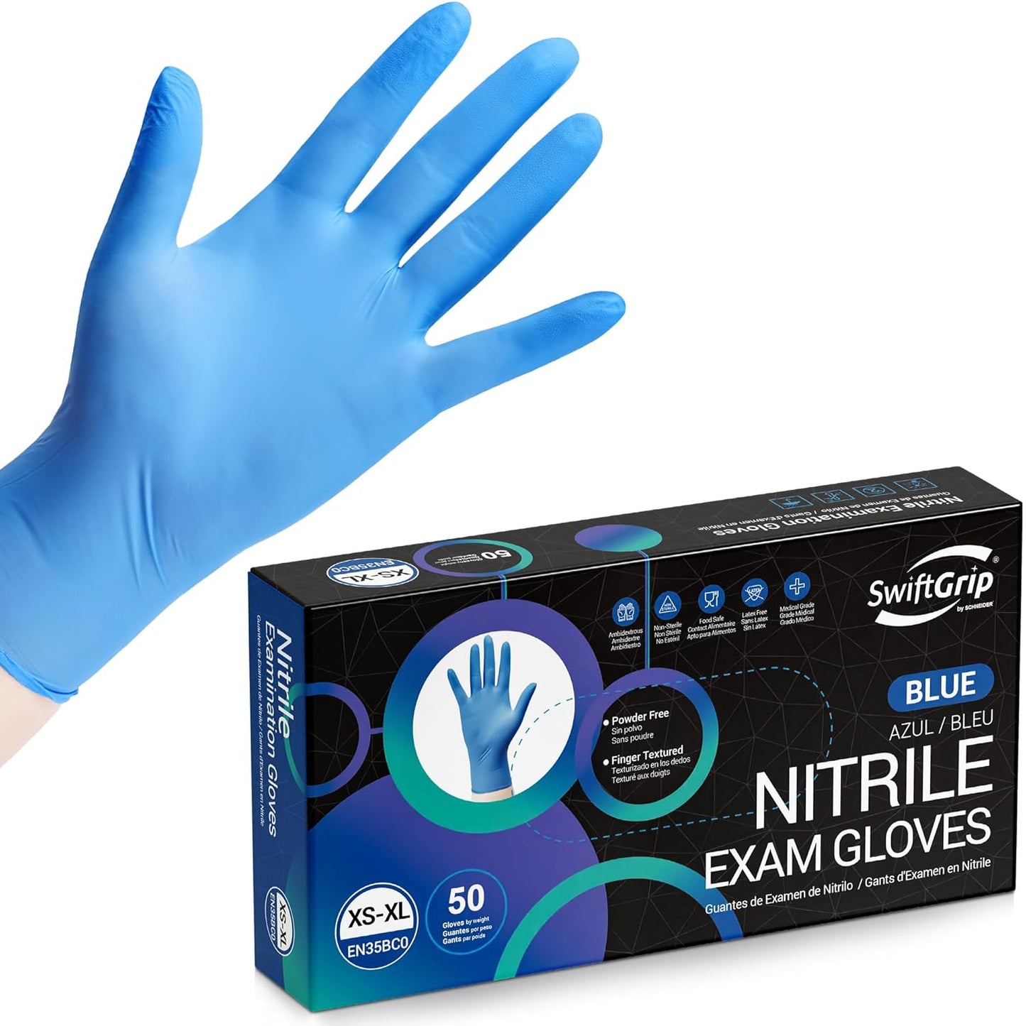 Disposable Nitrile Exam Gloves, Blue, Nitrile Gloves Disposable Latex Free, Medical Gloves, Cleaning Gloves, Food-Safe Rubber Gloves, Powder Free, Non-Sterile, 50-ct Box (Medium)