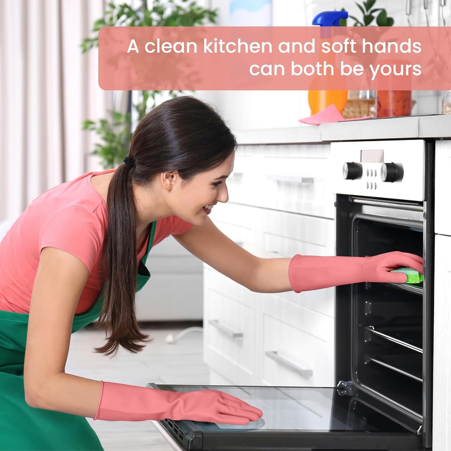 Rubber Cleaning Gloves for Dishwashing, 4 Pairs Reusable Kitchen Gloves for Washing Dishes and Household Cleaning, Pink Dish Gloves with Flocked Lining and Non-Slip Grip, Pefect for Woman Men - M