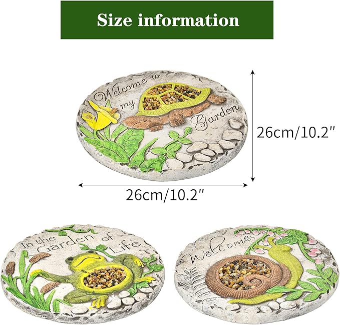 Sungmor 3PC Pretty Garden Stepping Stones, 9.8" Large Concrete Decorative Stones with Beautiful Pattern, Unique Outdoor Lawn Accents, Yard Walkway Flower Bed Wall Shelf Welcome Friends Decorations