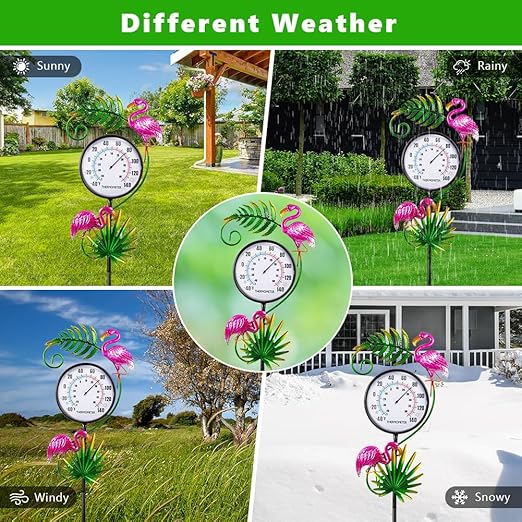 Outdoor Thermometer, No Battery Needed Outside Thermometer with Garden Stake, Flamingo Wall Thermometer for Yard Patio Decor