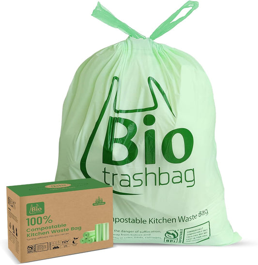 8 Gallon Compostable Trash Bags, 100 Count Drawstring Trash Bags Biodegradable, Heavy Duty Extra Thick Compost Bags, Kitchen Food Scrap Waste Bag, US BPI and OK Compost Home Certified