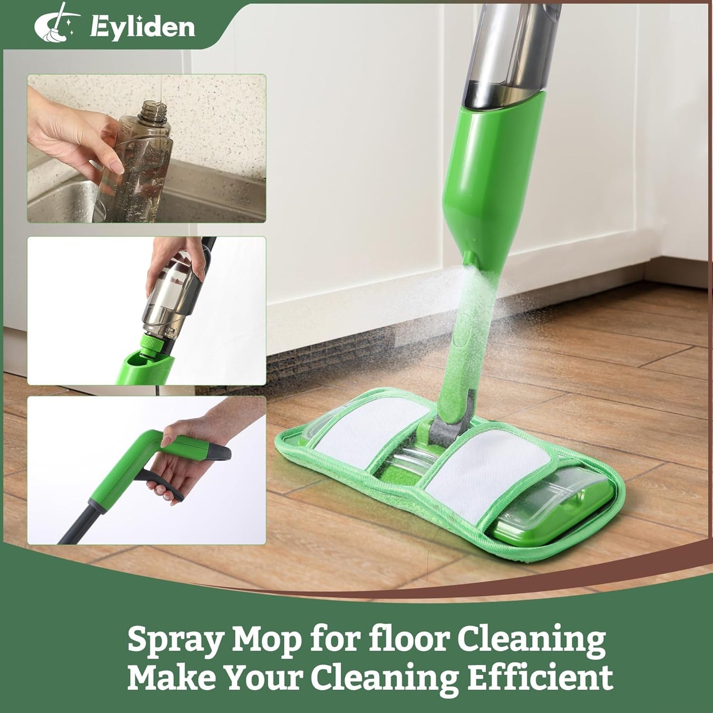 Eyliden Spray Mop - Design for Small Spaces | 12 Disposable Cloths, 1 Reusable Pad, 13 oz Refillable Bottle | Wet Mops for Apartments and Dorms Floors, Lock Tight Design, No Lost Pads - Swivel Head