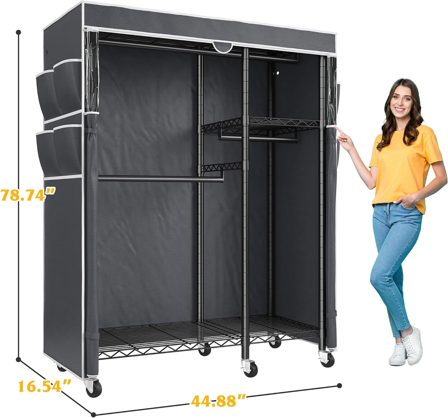 Raybee Clothes Rack with Cover,Clothing Racks for Hanging Clothes with Wheels and Adjustable Feets,Rolling Heavy Duty Garment Rack,Black