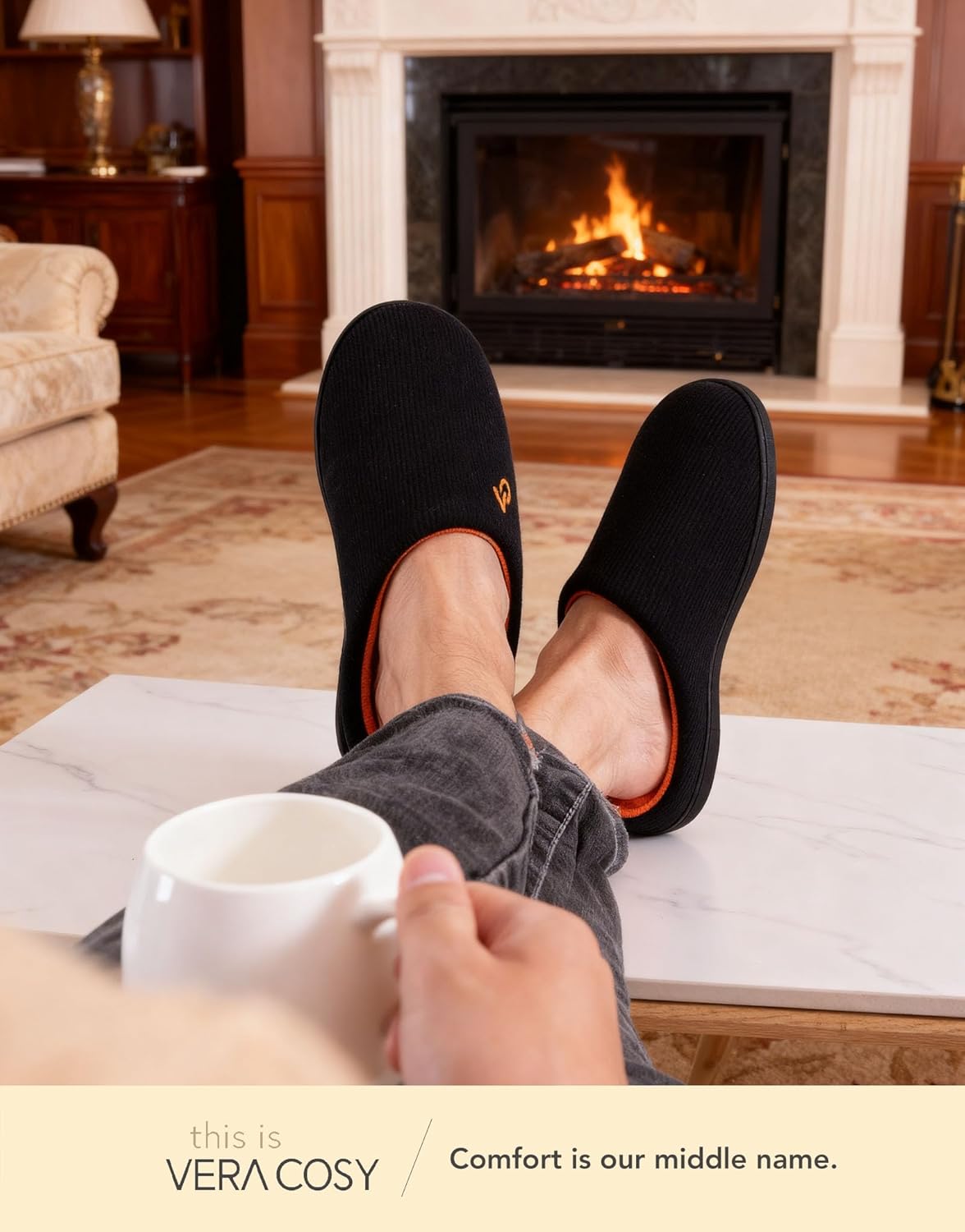 VeraCosy Men's Two-Tone Memory Foam House Slippers Indoor Outdoor Durable Rubber Sole