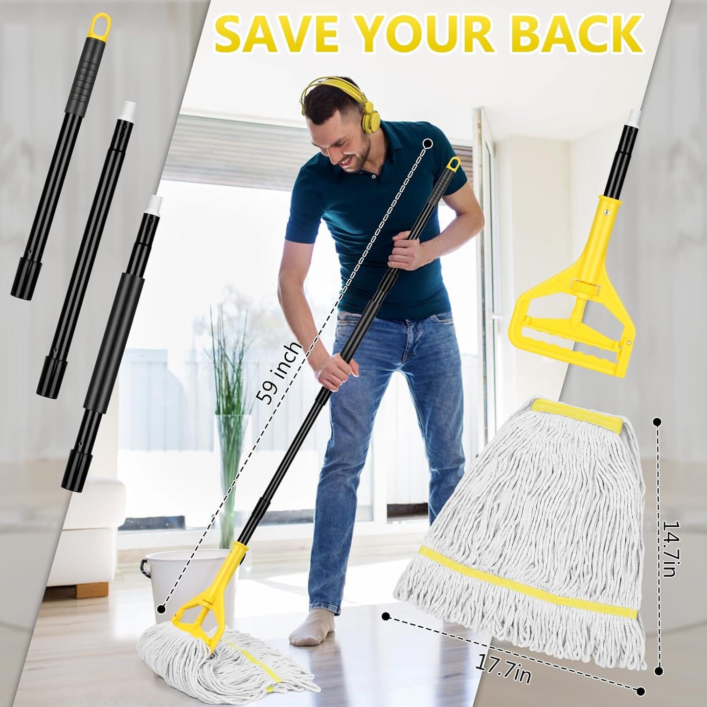 Beyoco Heavy Duty Commercial Mop Industrial Cotton Mop with Long Handle,Looped-End String Wet Mops for Home,Garage,Office, Workshop, Warehouse Floor Cleaning, 2 Pack,Yellow