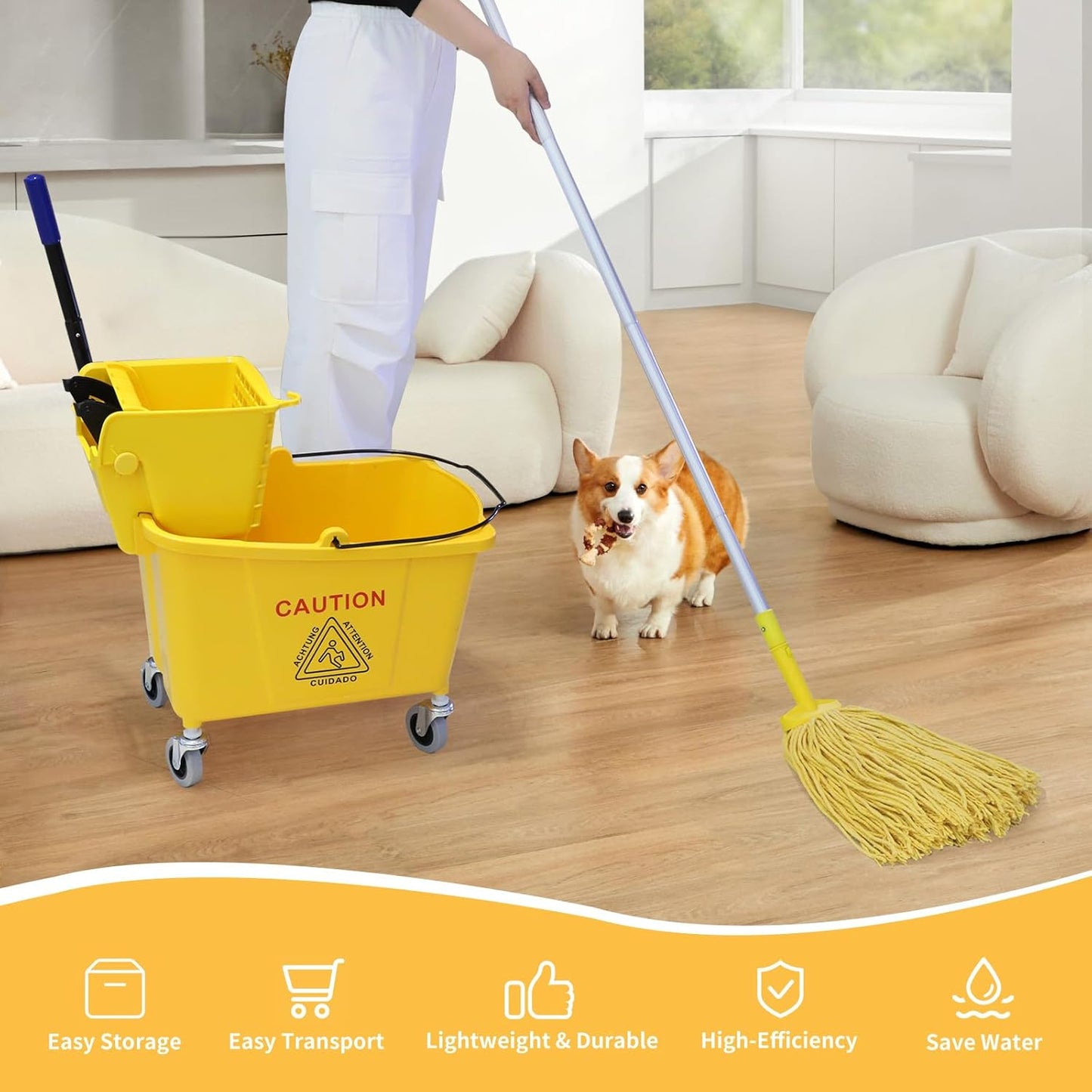35 Quarts Commercial Mop Bucket with Side-Press Wringer for Floor Cleaning, Yellow, Including One Commercial Mop