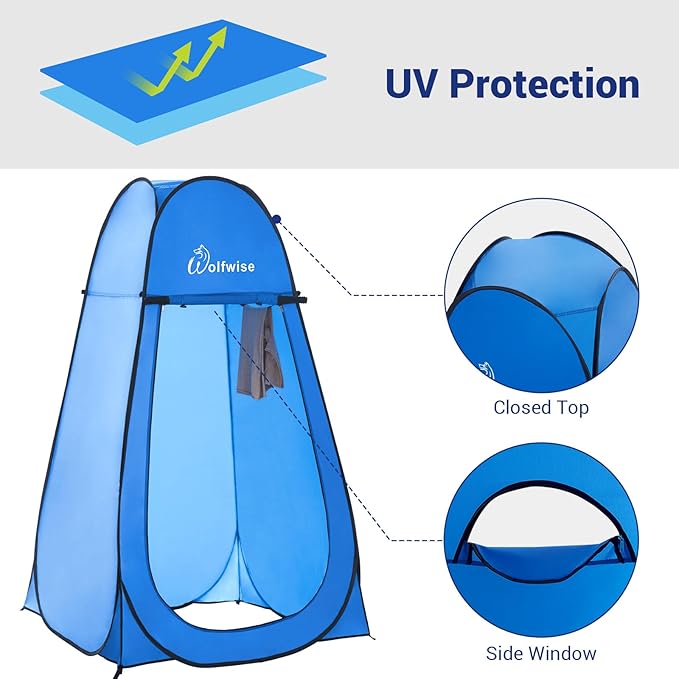 WolfWise Portable Pop Up Privacy Shower Tent, Spacious Changing Room, Dressing Room, Sun Sunshade Canopy Outdoor Rain Shelter, Backpack Privacy Shelters for Camping, Hiking, Beach, Toilet, Large Blue