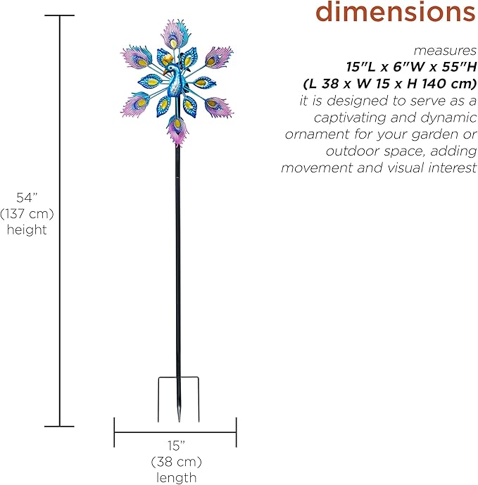 Alpine Corporation SLL2430 Double Layer Peacock Kinetic Wind Spinner Garden Stake, Colorful Statement Garden Décor, 55" H