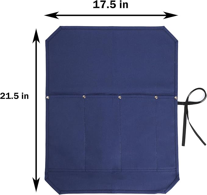 Chef Knife Roll, Heavy Duty 16OZ Waxed Canvas Knife Roll, 4 Slots Knife Bag with Professional Cut Resistant Fabric, Blue (21.5"L x 17.5"W)