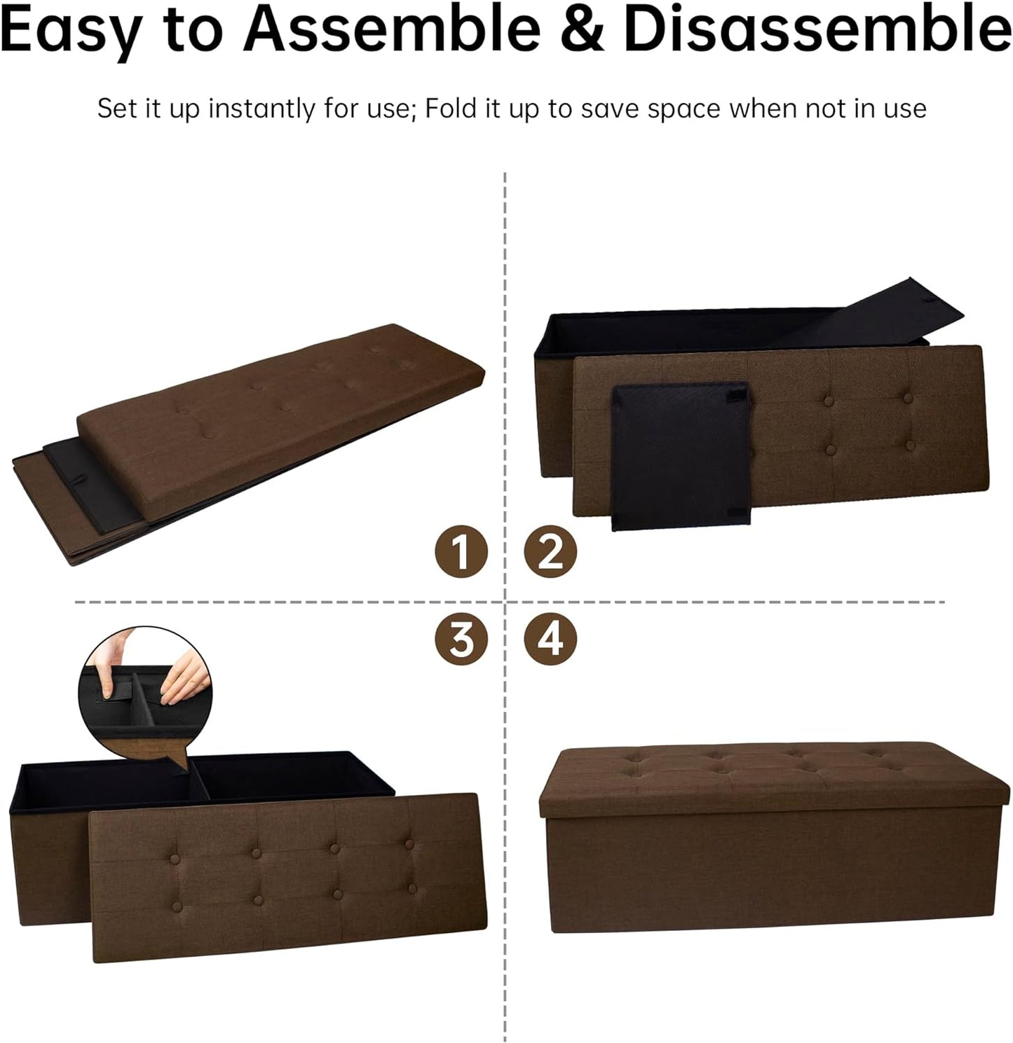 GLAXYFUR 43 Inches Folding Storage Ottoman Bench, Storage Chest, Footrest for Entryway, Living Room, Holds up to 660 lb, Brown