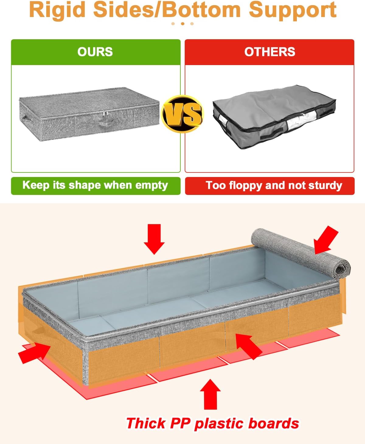 Under Bed Storage, 2 Pack Underbed Storage Container Bags With Lid, Foldable Sturdy Clothes Storage Drawer Organizer W/ 3 Handles, Ultra Thick Fabric Blanket Shoe Storage Box, 30x15x6.7inch, Grey