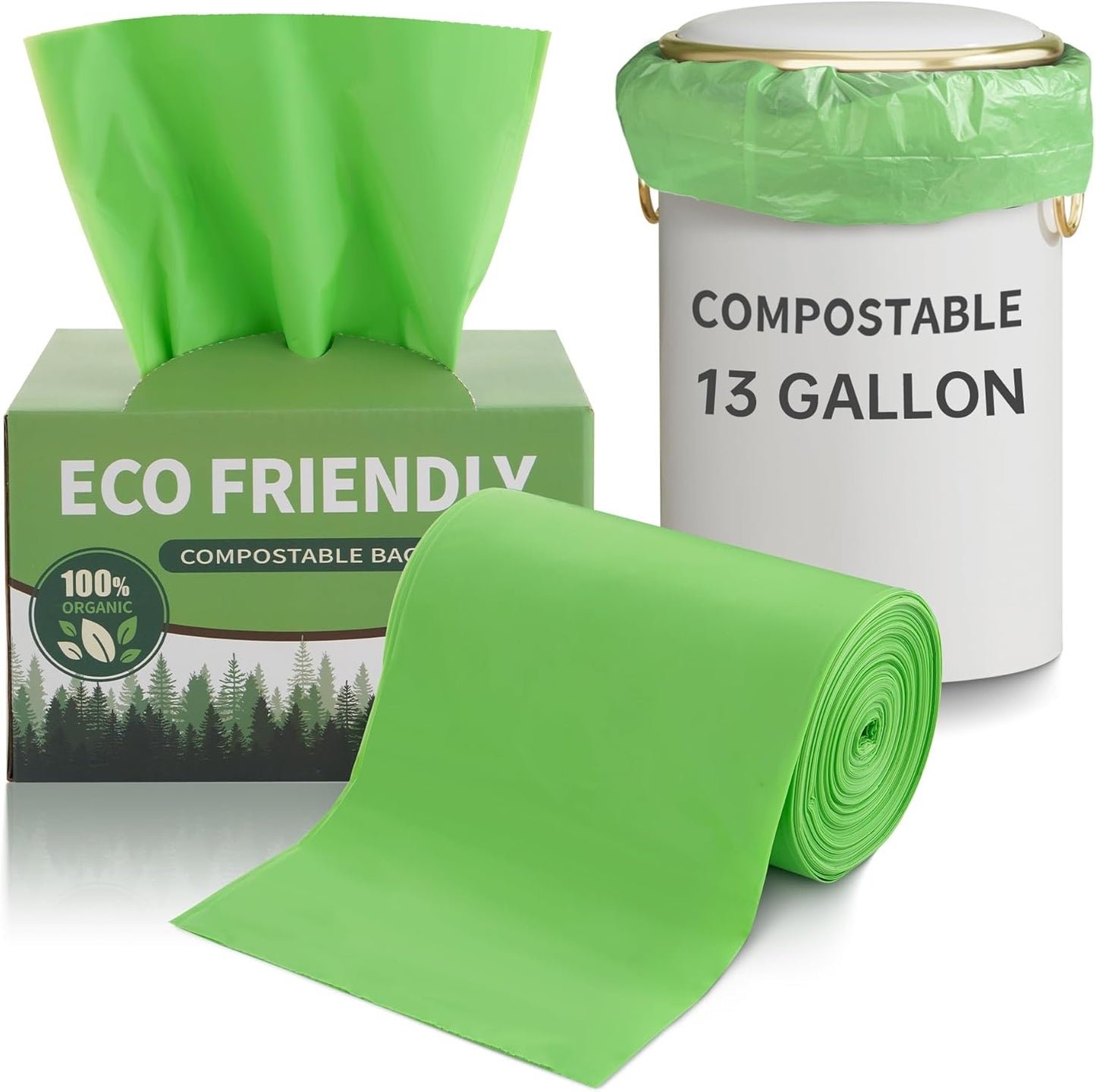 13 Gallon Trash Bags Compostable Compost Large Garbage Bag Extra Thick 1.1 Mil for Kitchen Bathroom BPI Certified 35 Counts, Green