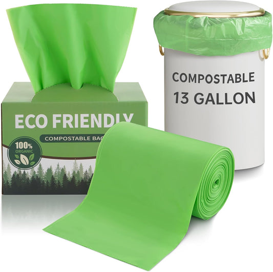 13 Gallon Trash Bags Compostable Compost Large Garbage Bag Extra Thick 1.1 Mil for Kitchen Bathroom BPI Certified 35 Counts, Green
