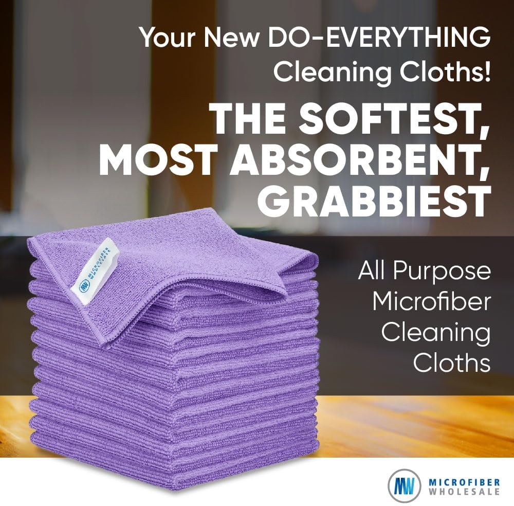 12" x 12" Pro Multi-Surface Microfiber Cleaning Cloths | Purple - 12 Pack | Premium Microfiber Towels for Cleaning Glass, Kitchens, Bathrooms, Automotive, Supplies & Products