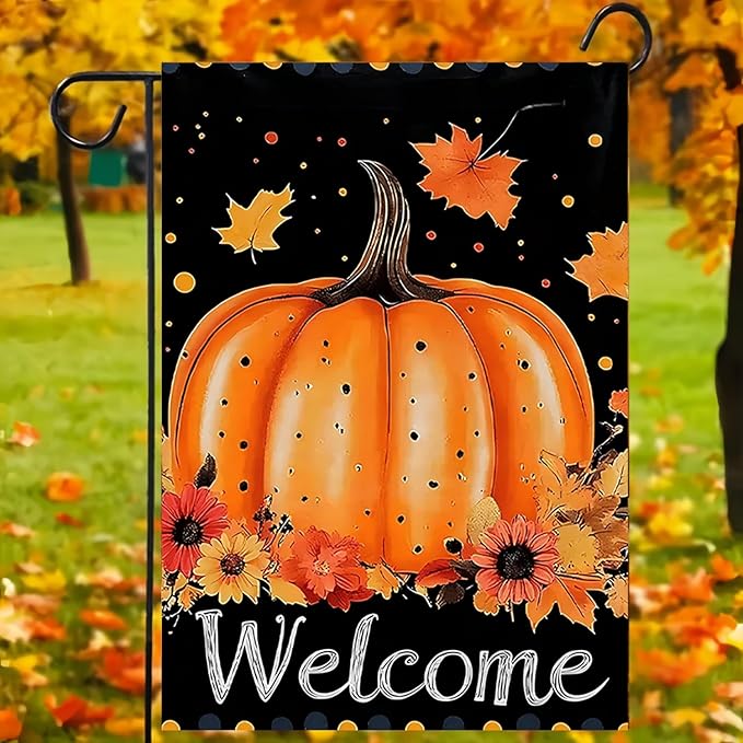 Pumpkin Garden Flag 12X18Inch Double Side,Autumn Maple Leaves Fall Yard flag, Welcome Thanksgiving Outside Small Garden Flag Decorative,Fall Outdoor Flag for Holiday Patio Courtyard