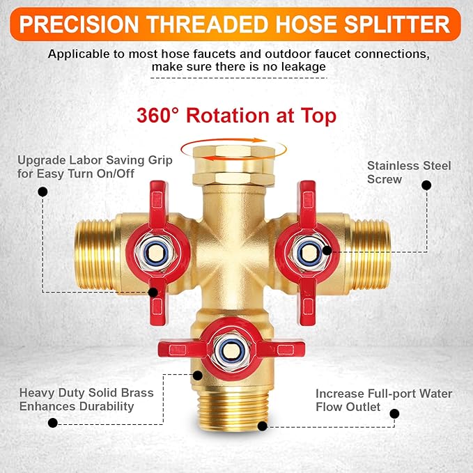 3 Way Hose Splitter, High Flow 3 Way Brass Hose Splitters with Metal Handle and Shutoff Valve, 3/4'' GHT Thread Garden Tap Triple Splitter