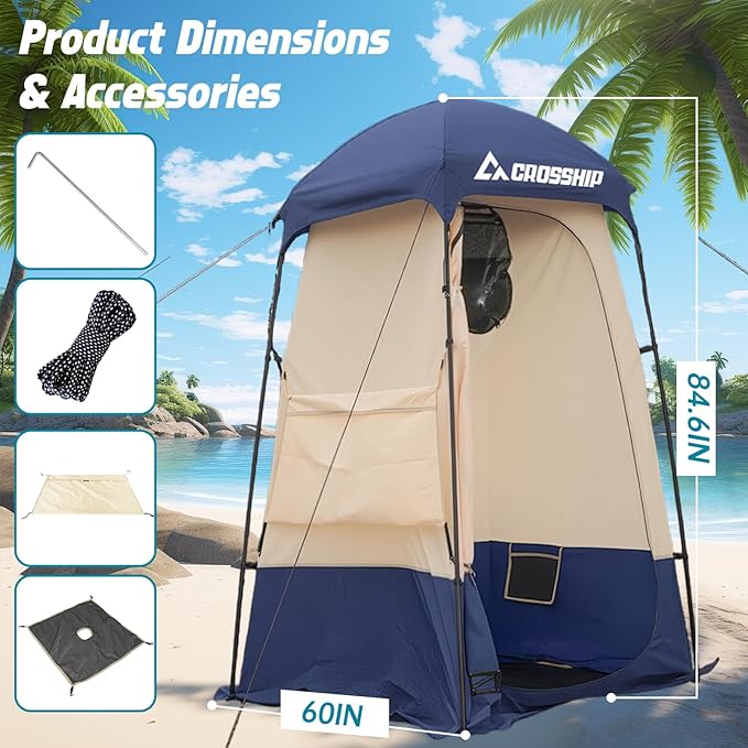Camping Shower Tent - Outdoor Privacy Tent with Solar Shower Bag - 84.6" H*60" W Privacy Shelter for Outdoor Bathroom, Changing Room & Fishing, UV Resistant&Waterproof Camping Bathroom