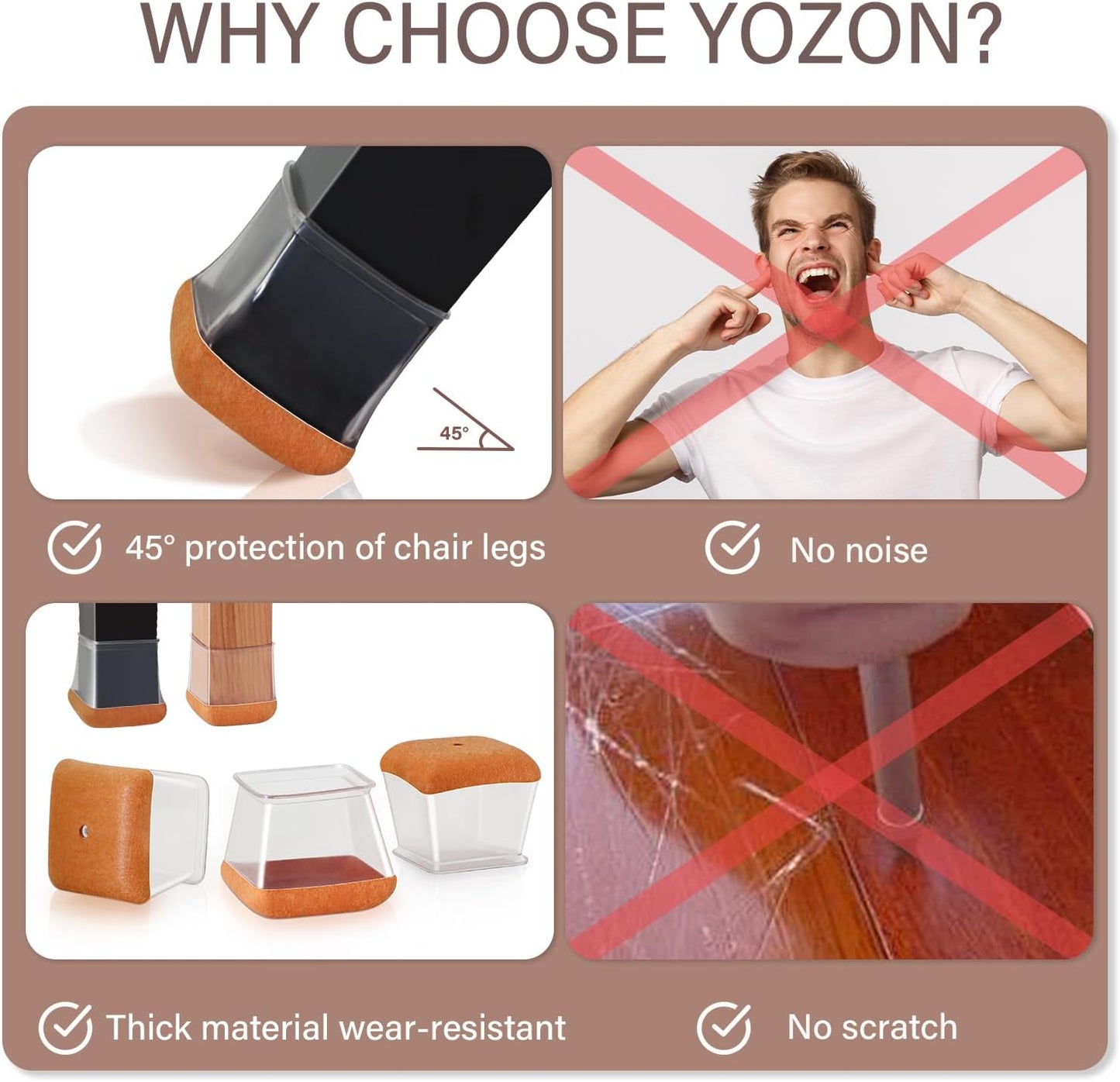 Chair Leg Floor Protectors Chair Leg Protectors for Hardwood Floors Silicone Caps Felt Strengthen Bottom Protection Anti-Scratch Reduce Noise 16 Pack Clear Square Fit:1-1/8" to 1-9/16" (27-40mm)