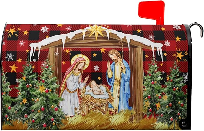 Christma Jesus Nativity Mailbox Cover Magnetic Large Size 25.5" X 21" Xmas Holly Night Letter Post Wraps Religious Christian Jesus Red Buffalo Plaid Decorative Postbox Covers for Home Garden Yard