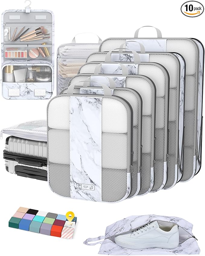 10 Set Compression Packing Cubes for Travel Essentials,Compressible Expandable Packing Cubes for Suitcase,OlarHike Luggage Organizer Bags for Travel,Handy Helper for Organizing Clothes(White Marble)