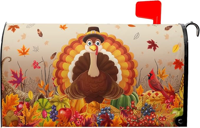 Thanksgiving Turkey Mailbox Covers Magnetic Standard Size 25.5" X 21" Fall Harvest Fruit Letter Post Wraps Cardinal Maple Leaves Decorative Holiday Postbox Covers for Home Outdoor Garden Yard