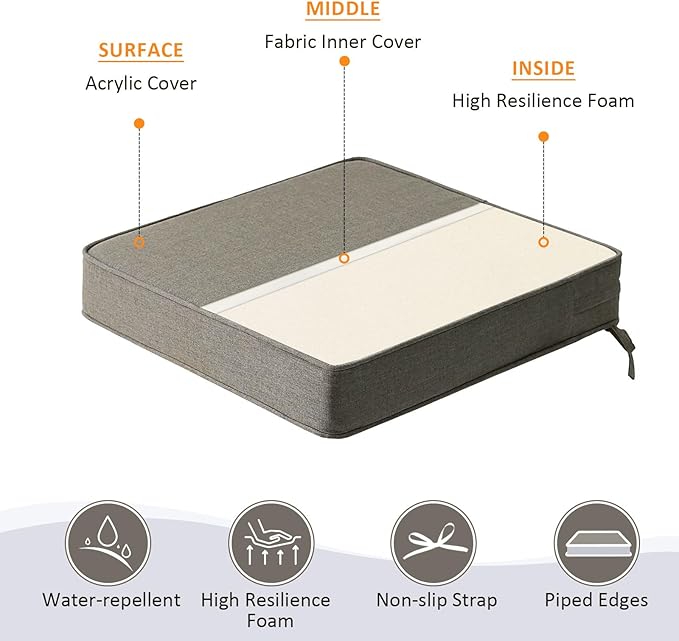 Sunbrella Square Corner Seat Cushions, 19" x 19" x 3", Set of 4, Indoor Outdoor Water Repellent Universal Chair Pads with Ties for Patio Furniture, Garden Dining Chairs, Cast Shale