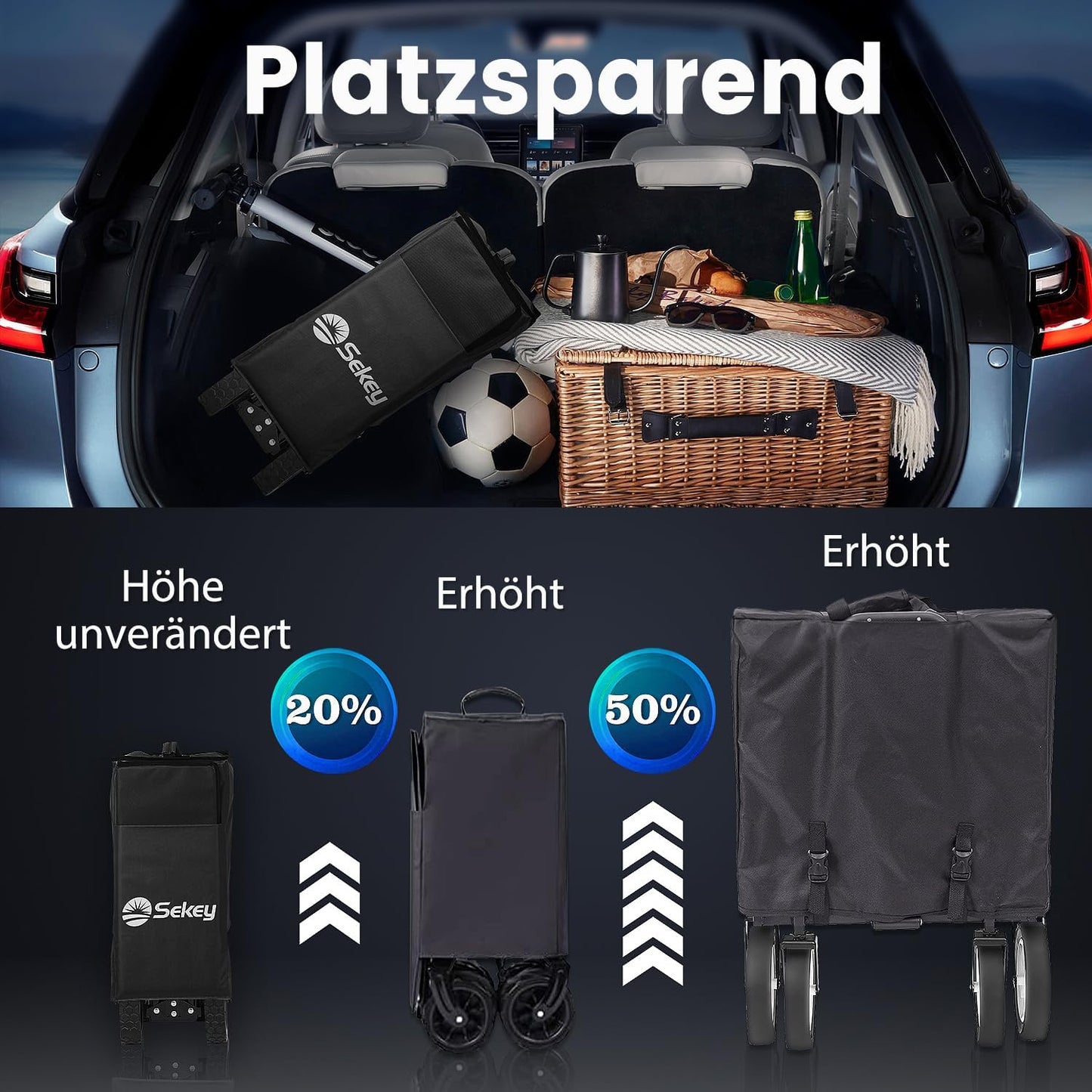 Sekey 220L Collapsible Foldable Wagon with 330lbs Weight Capacity, Heavy Duty Folding Wagon Cart with Big All-Terrain Wheels & Drink Holders (Black)