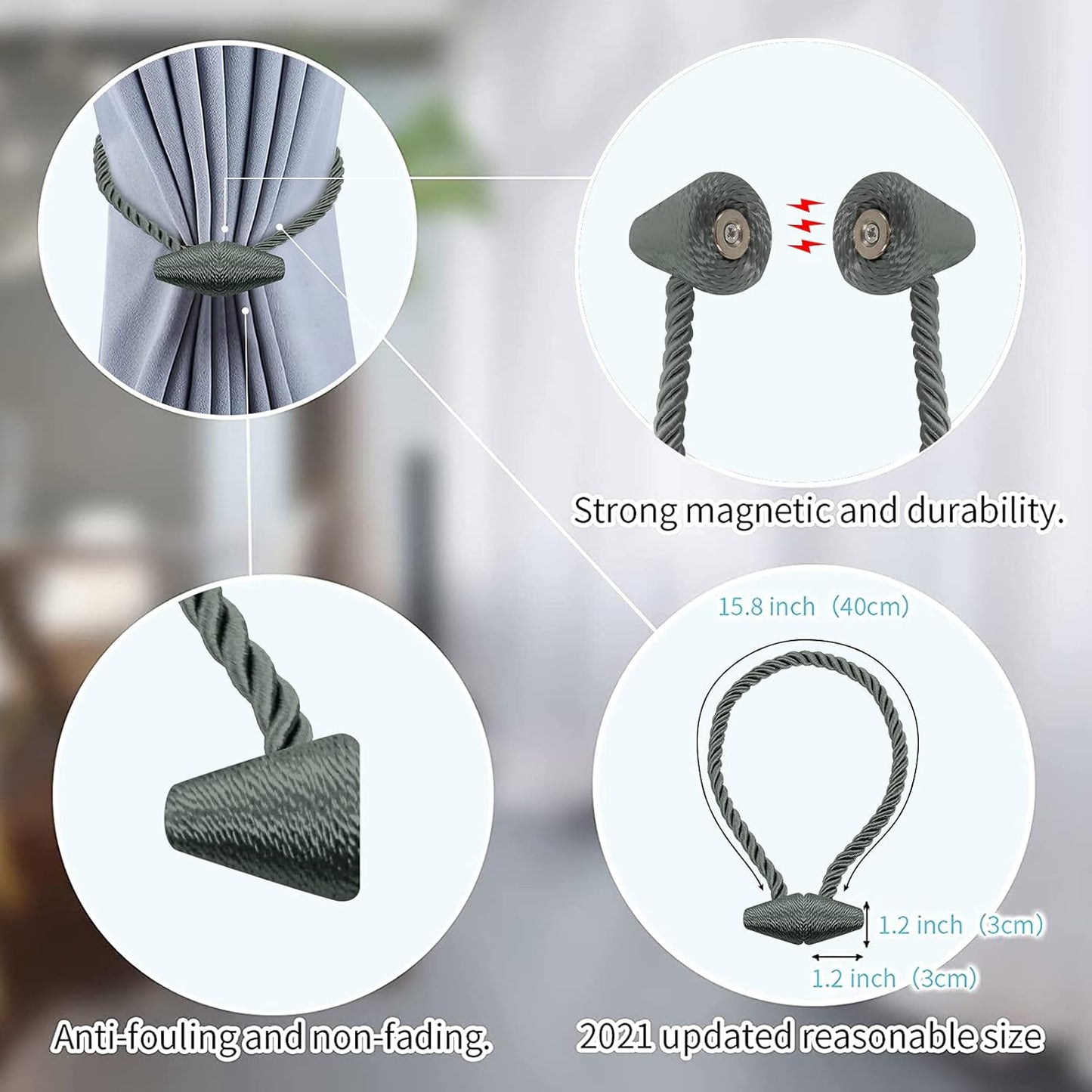 Hion Magnetic Curtain Tiebacks Gray Blue 2pcs, Curtain Tiebacks Buckles Holdbacks Holders Hooks Clip for Home Bedroom Office Decorative Curtain