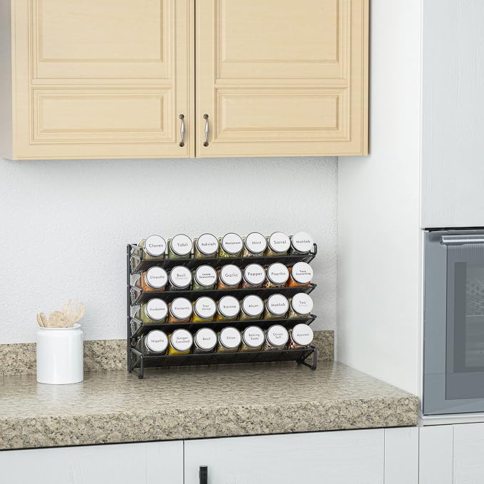 SpaceAid Spice Rack Organizer with 28 Spice Jars, 386 Spice Labels, Chalk Marker and Funnel Set for Cabinet, Countertop, Pantry, Cupboard or Door & Wall Mount - 28 Jars, 13.4" W × 10.8" H, White