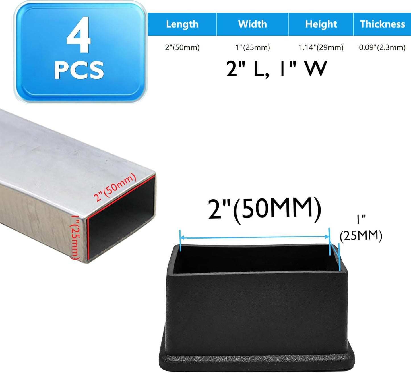 4 Pcs 1" x 2" Rectangular Rubber Chair Leg Caps, PVC Table Leg Covers, Flexible & Anti-Slip Furniture Leg End Caps, Chair Leg Floor Protectors for Bar Stool Leg Patio Indoor, Black