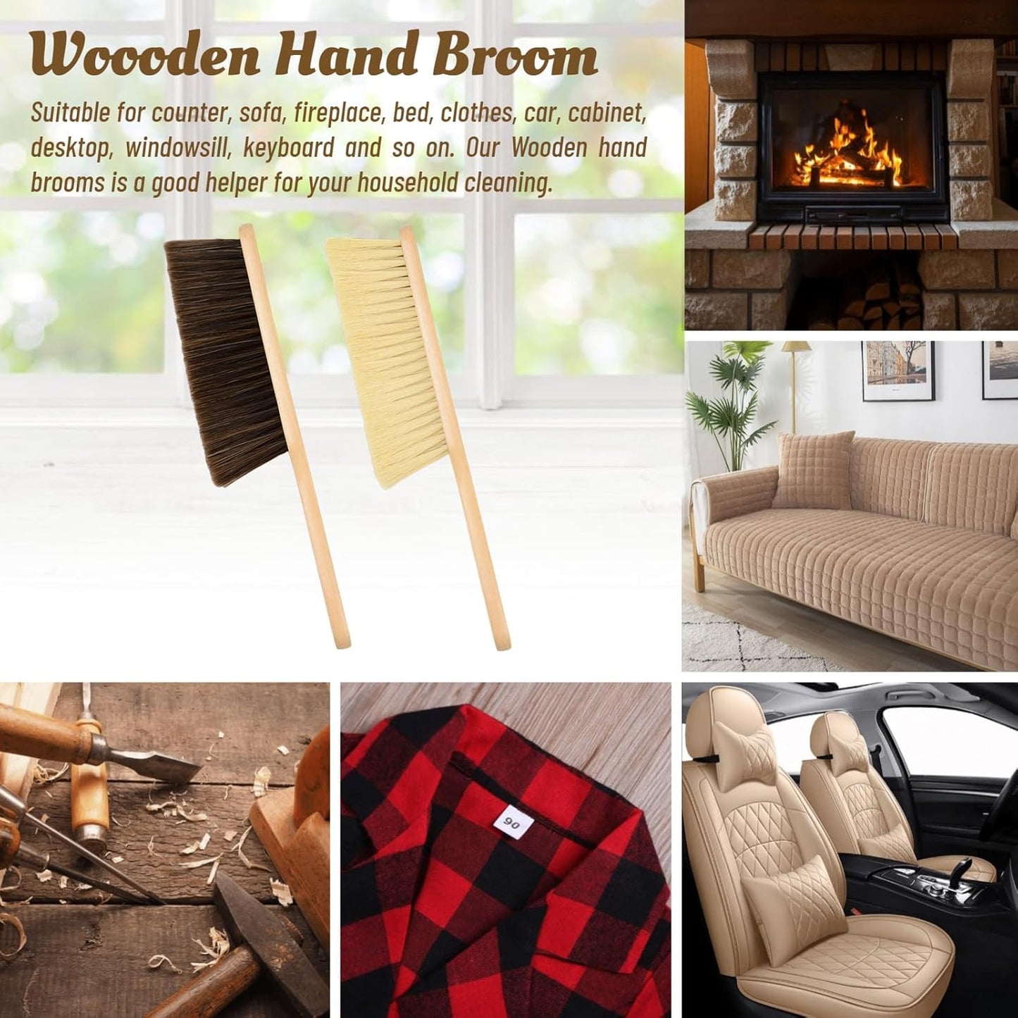 2 Pieces Woooden Dust Brush Hand Broom Bench Brush with Long Wood Handle Whisk Broom Soft Bristle Brush for Counter Bed Sofa Car Fireplace Clothes Household Cleaning(Brown, Khaki)