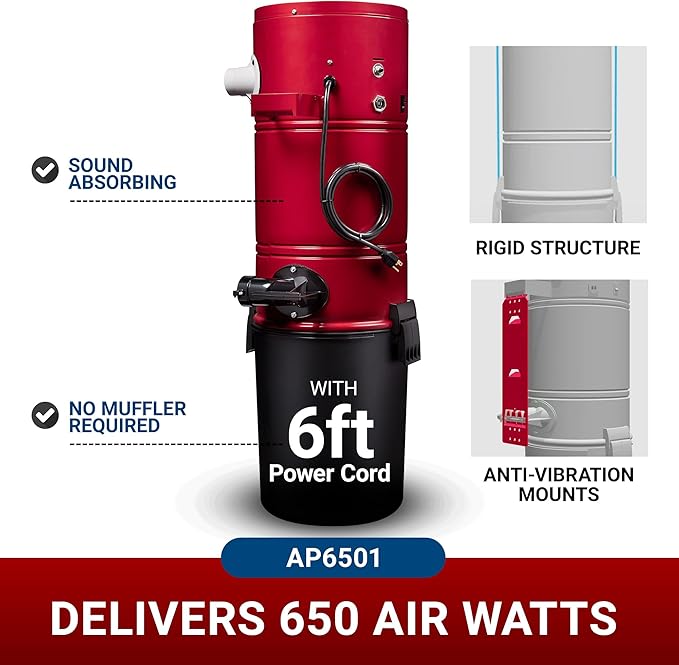 Broan-nutone 650 Air watts Residential Central Vacuum System - Advanced HEPA Filtration with 99.97% dust and microparticle Capture, Anti-Vibration, Powerful Suction