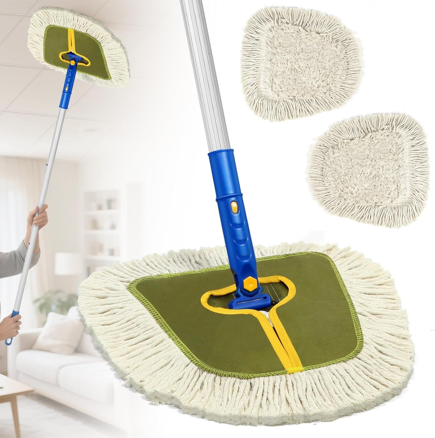 Commercial Dust Mop for Hardwood Floors, Industrial Dry Mops with Replacement Wedge Cotton Mop Pads for Wall Cleaner ,Hardwood, Tile, Laminate, Vinyl,Walls, Home,Warehouse Duster, Green