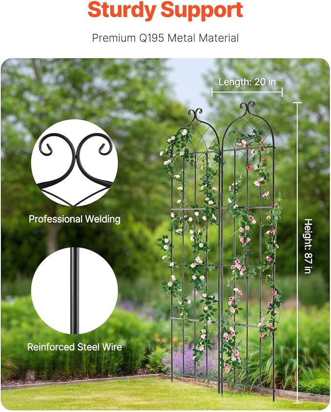 VEVOR Garden Trellis for Climbing Plants, 87 x 20 in, 2 Packs Rustproof Metal Garden Flower Trellis, Outdoor Climbing Rose Trellis Cucumbers Support, Decorative Clematis Trellis for Courtyards Lawns