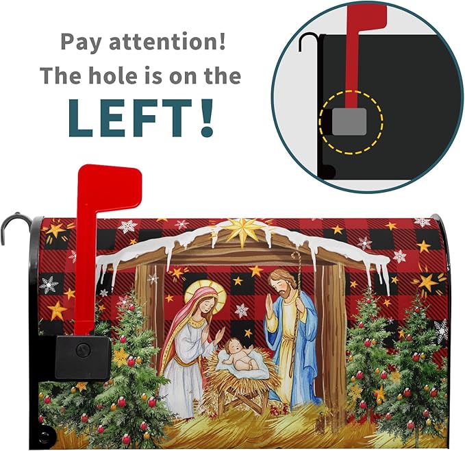 Christma Jesus Nativity Mailbox Cover Magnetic Large Size 25.5" X 21" Xmas Holly Night Letter Post Wraps Religious Christian Jesus Red Buffalo Plaid Decorative Postbox Covers for Home Garden Yard