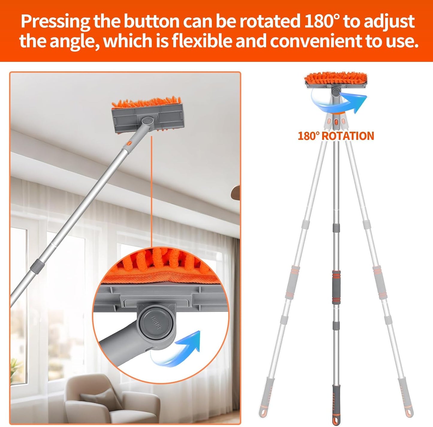 Ceiling Fan Cleaner Duster with 72‘’ Extendable Long Handle Cleaning Duster Kit, Reusable Chenille & Microfiber Mop Head for High Ceiling Fan Blade Wall Blinds Cobweb