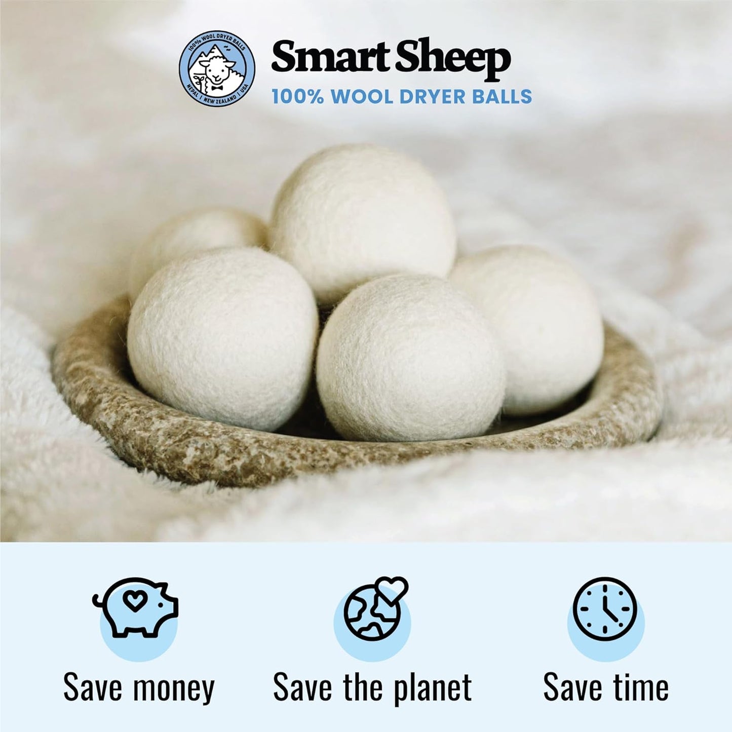 Smart Sheep Wool Dryer Balls - 6-Pack - XL Premium Natural Fabric Softener Award-Winning - Wool Balls Replaces Dryer Sheets - Wool Balls for Dryer - Laundry Balls for Dryer