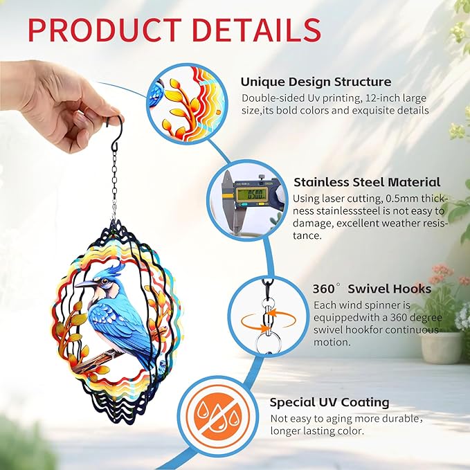 Blue Jay Wind Spinners Outdoor Blue Bird Decor - Birthday Gifts for Women Men,Bird Hanging Wind Spinner 12 inch 3D Wind Sculptures for Garden Patio,Yard, Porch, Deck Decorations
