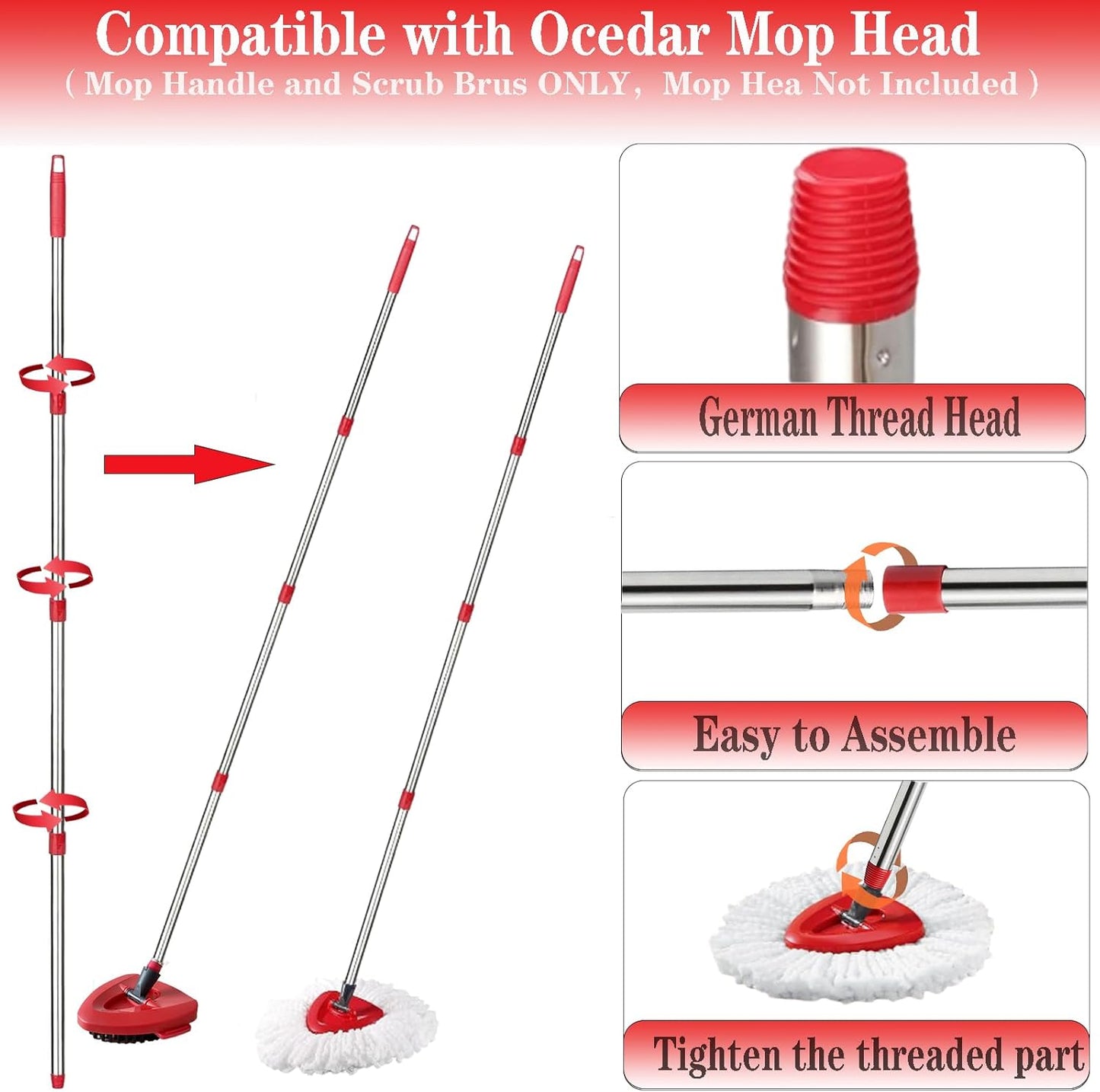 Spin Mop Replacement Handle and Mop Base Replacements for OCeda EasyWring 1-Tank Spin Mop System,4-Section Iron Mop Handle 30-58in and 1 Mop Base and 1 Scrub Brush Cover Set Combo, Red