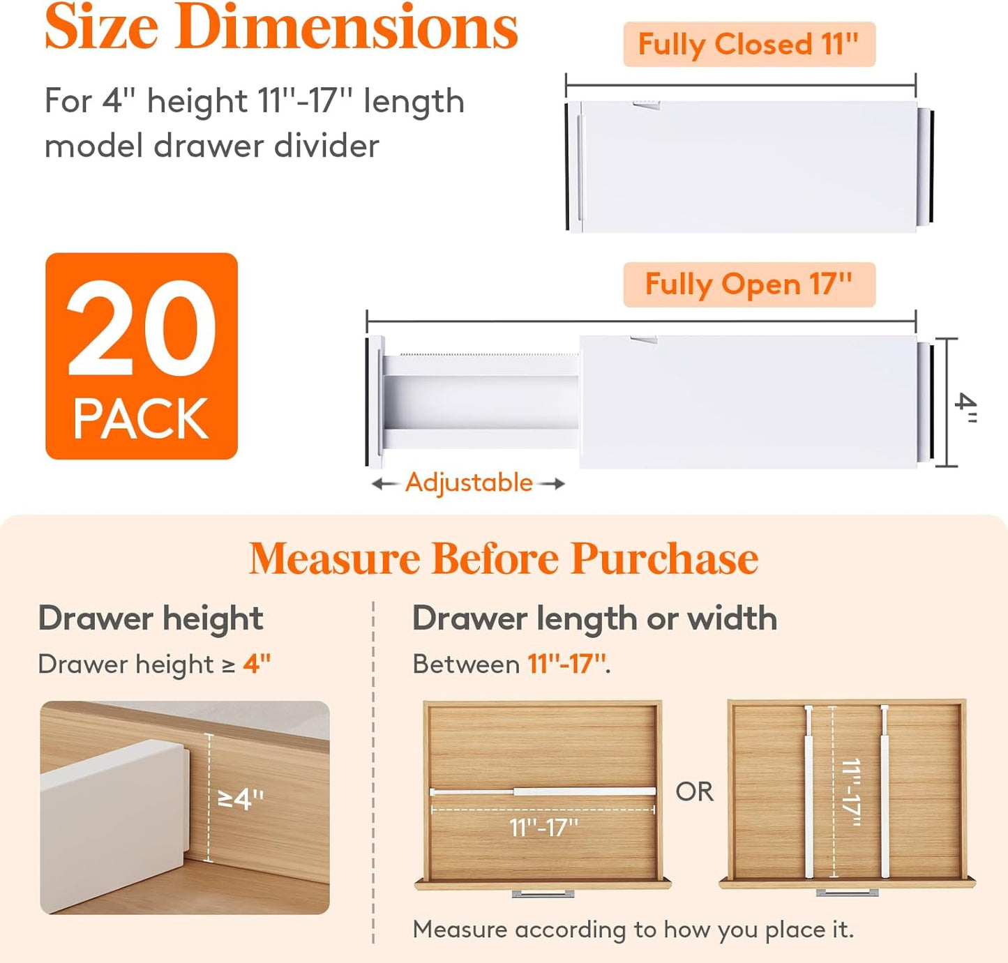 Lifewit 20 Pack Drawer Dividers 4" High, 11-17" Adjustable Dresser Drawer Organizers for Clothes, Expandable Dresser Separators in Bedroom/Bathroom/Kitchen/Vanity/Office Organization and Storage,White