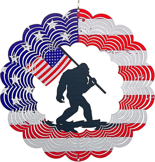 3D Patriotic Bigfoot Wind Spinner Decor - 12 Inch Metal Garden Art, Rust-Proof Outdoor Hanging Decorations, Patriotic American Flag Design, for Outdoor Lovers (Bigfoot)