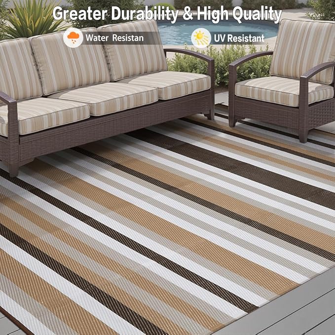 Outdoor Waterproof Rug 6'x9' Plastic Straw Rugs Washable Reversible Floor Mat Brown Stripe Carpet for Camping RV Deck Entryance Porch Picnic Balcony Beach Backyard