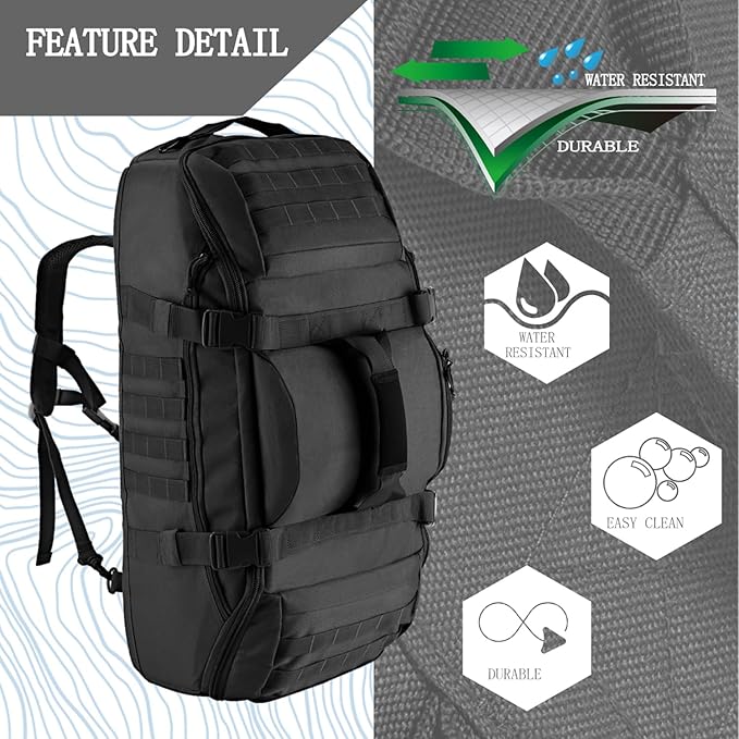 Travel Gym Duffle Bag Tactical, for Men Women Multi-functional Backpack,3 in 1 Shoulder Bag Backpack Handbag for Sports Hiking Camping, Water Resistant & Easy Clean (Black, 55L)