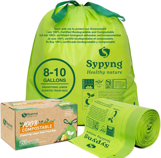 Compostable Kitchen Trash Bags 8-10 Gallon (50-Pack) – Heavy-Duty, 1.1 Mil Thick, 100% Biodegradable Bag for Medium to Large Bins. ASTM D6400, BPI & OK Compost HOME Certified Eco-friendly & Recyclable