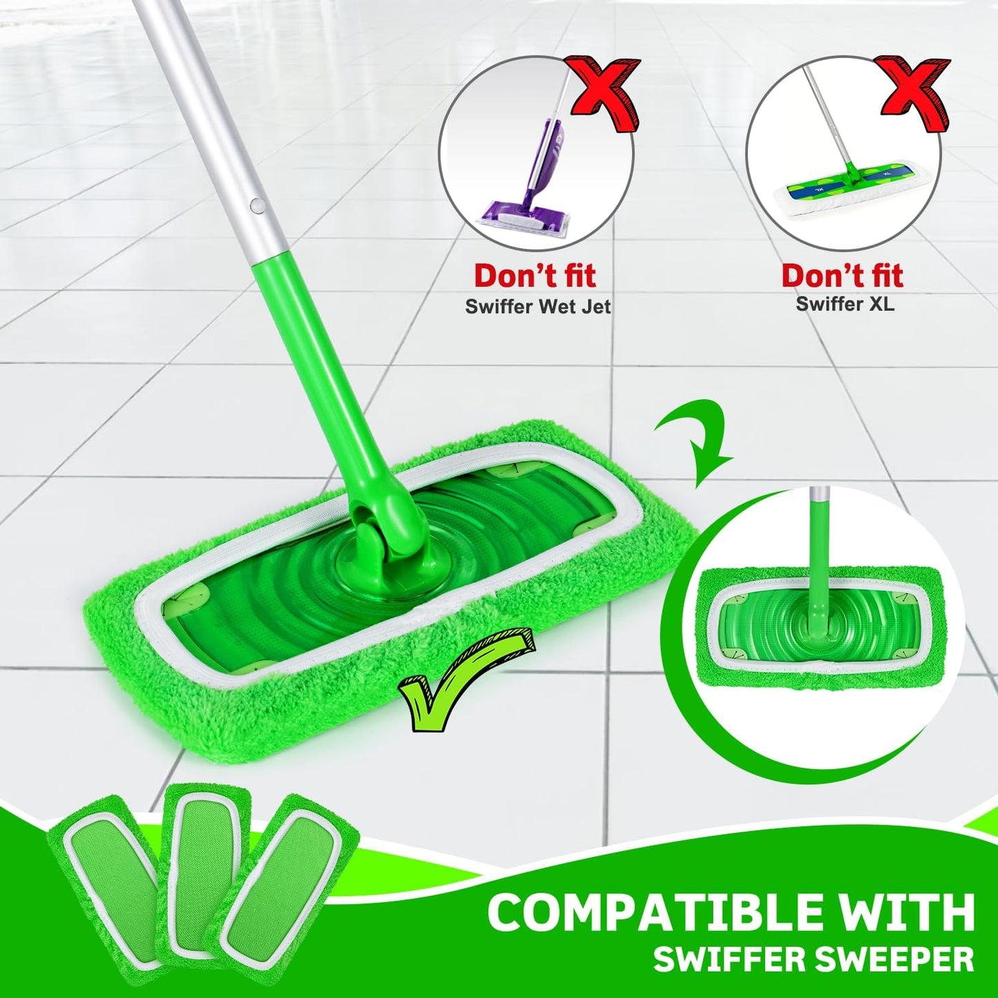 6 Pack Reusable Microfiber Mop Pads Compatible with Swiffer Sweeper Mop, Dry Sweeping Cloths & Wet Mopping Cloths, Washable Wet Pads Refill for Hardwood Surface Floor Cleaning