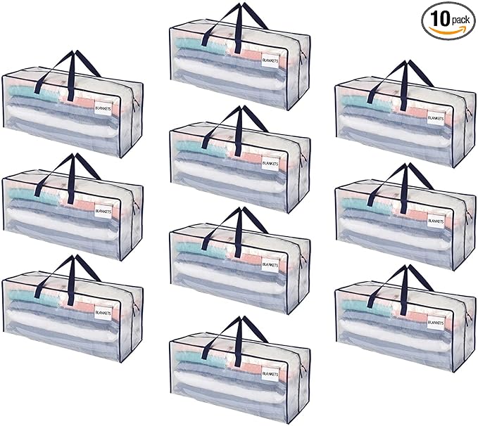 VENO 10 Pack Moving Bags w/Backpack Straps, Heavy Duty, Moving Boxes Alternative, Packing Supplies, Large Storage Totes for Dorm Room Essentials with Zipper for Clothes (Clear, 10 Pack)