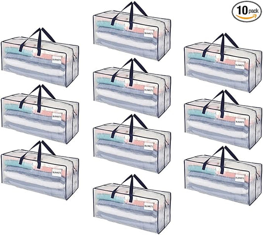 VENO 10 Pack Moving Bags w/Backpack Straps, Heavy Duty, Moving Boxes Alternative, Packing Supplies, Large Storage Totes for Dorm Room Essentials with Zipper for Clothes (Clear, 10 Pack)